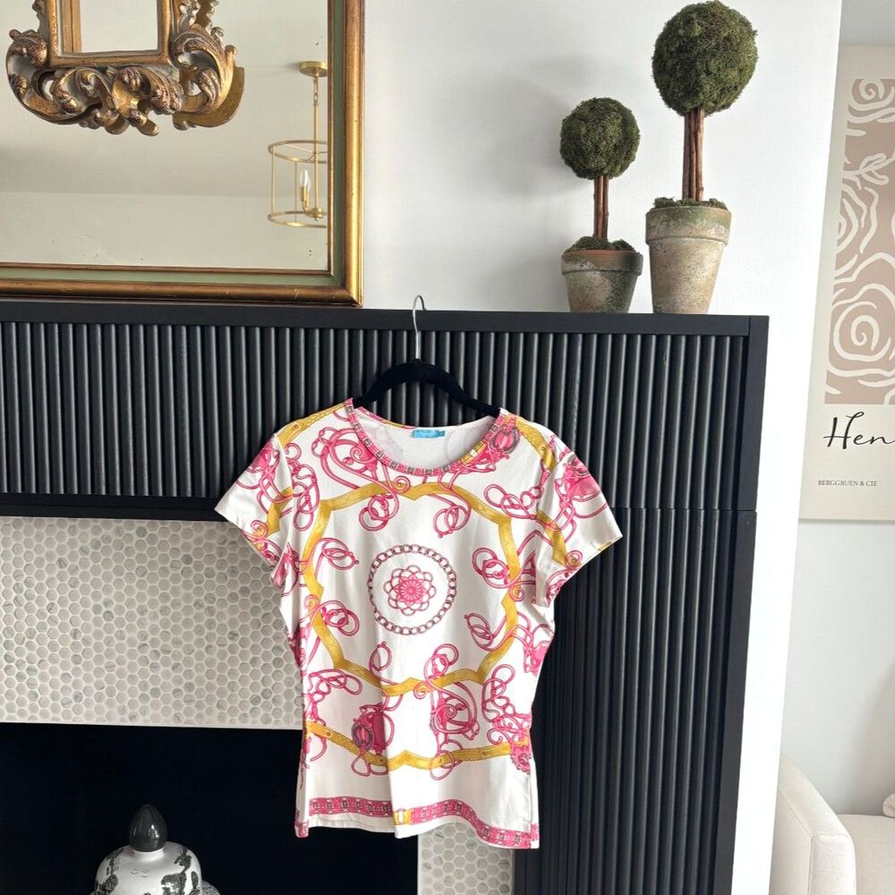 J.McLaughlin Catalina Cloth Short Sleeve Top Pink Gold Chain Print Size Medium